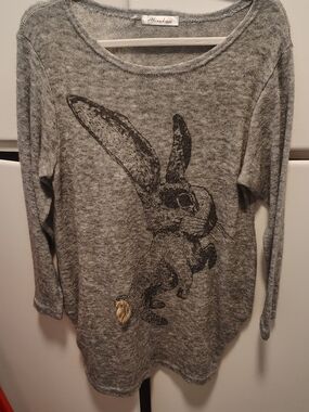 Women's Gray Crewneck Sweater with Rabbit Motif